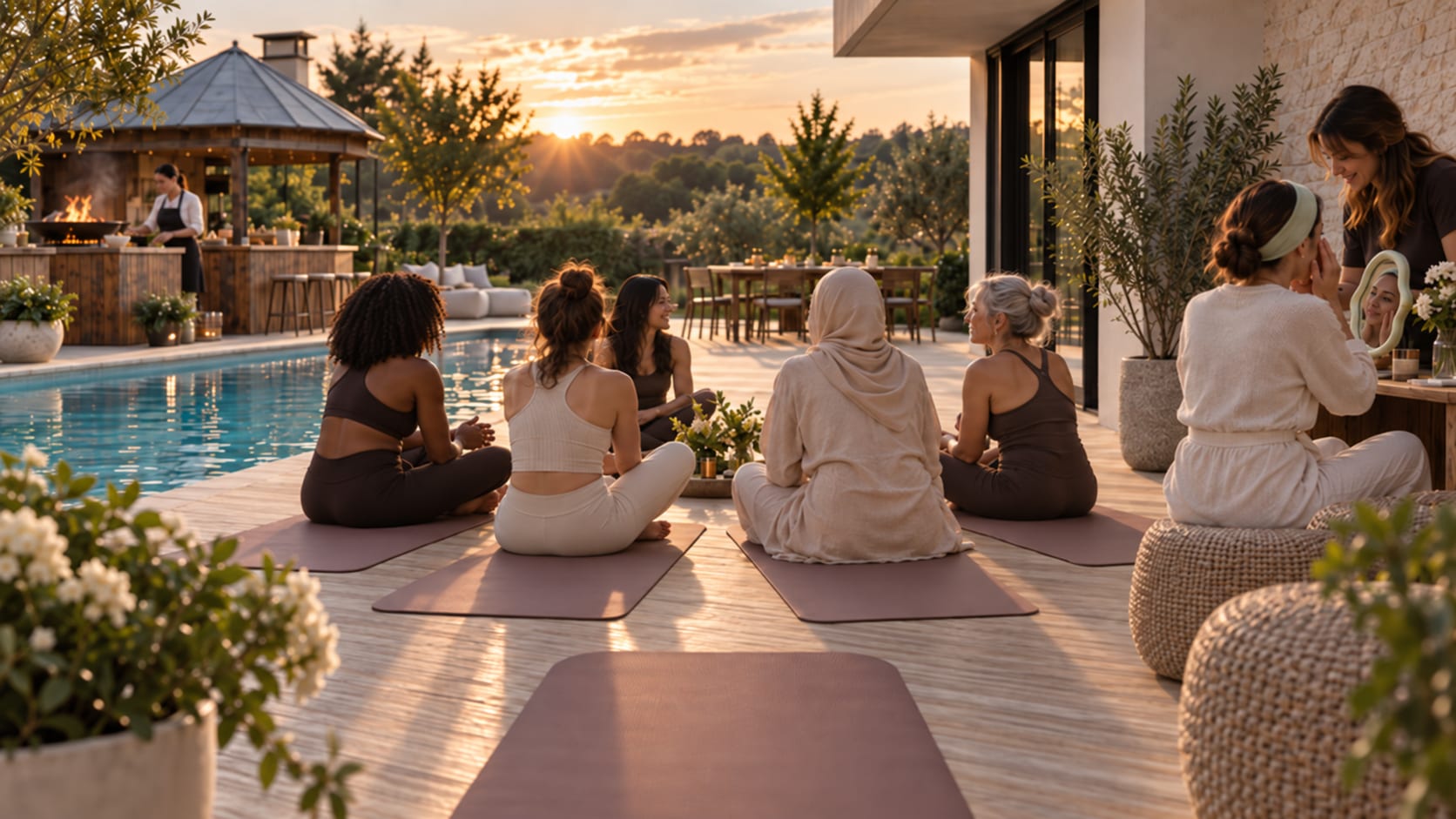 Un groupe de femmes assises en cercle sur des tapis au bord d'une piscine, au coucher du soleil : au fond un brasero sous un abri en bois, à droite un moment de soin du visage devant un miroir.